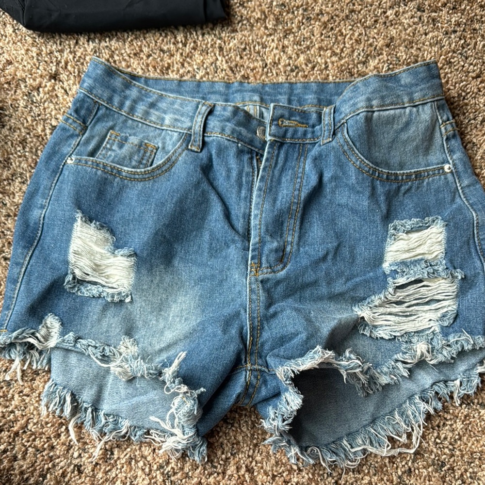 SHEIN Blue Distressed Jean Shorts with Frayed Hem